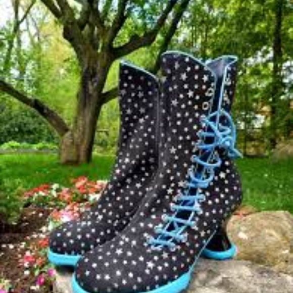 John Fluevog Shoes - John Fluevog Mini Lover Limited Edition Black and Blue Star Lace-Up Boots